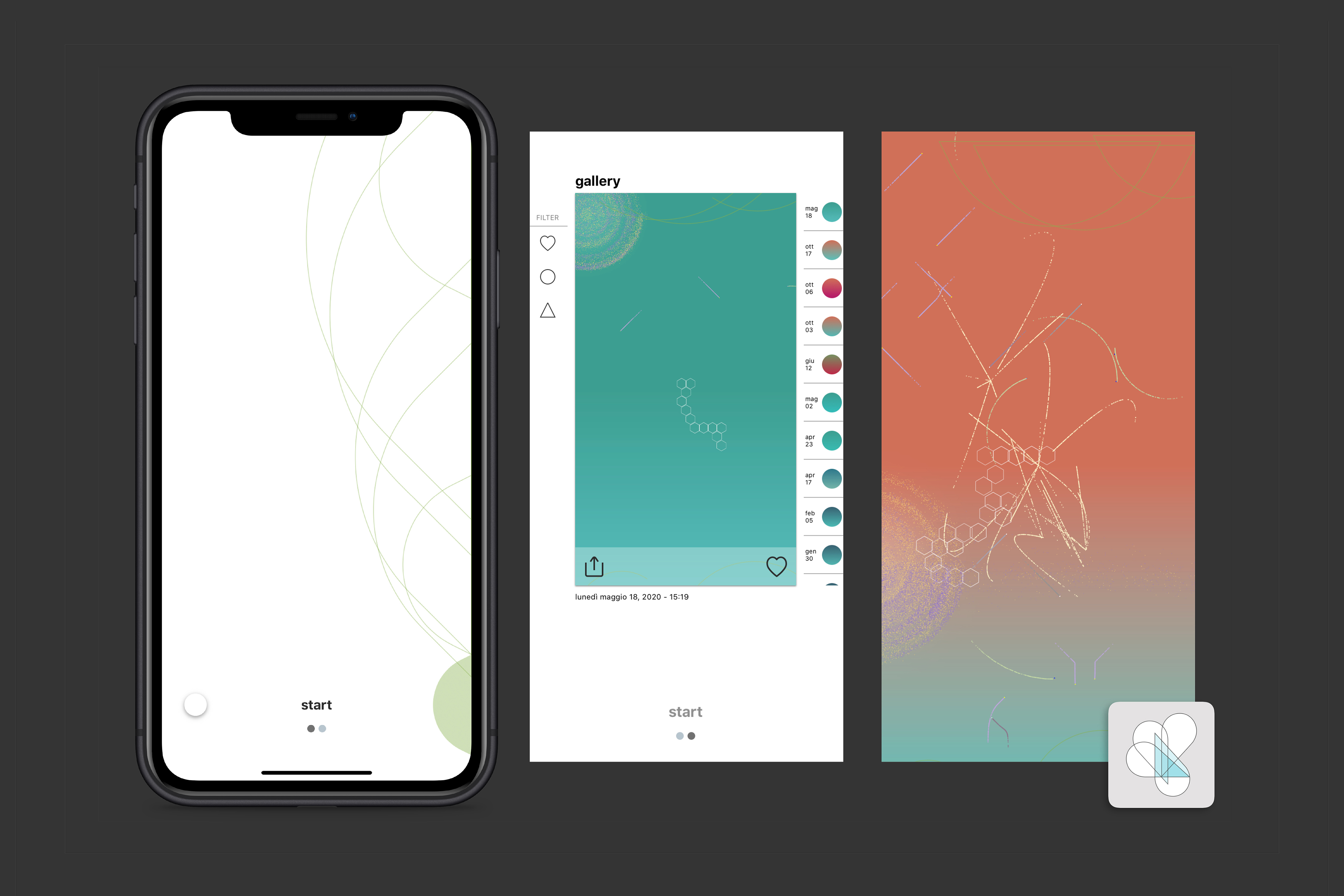 heart/work app interface showing a generative artwork