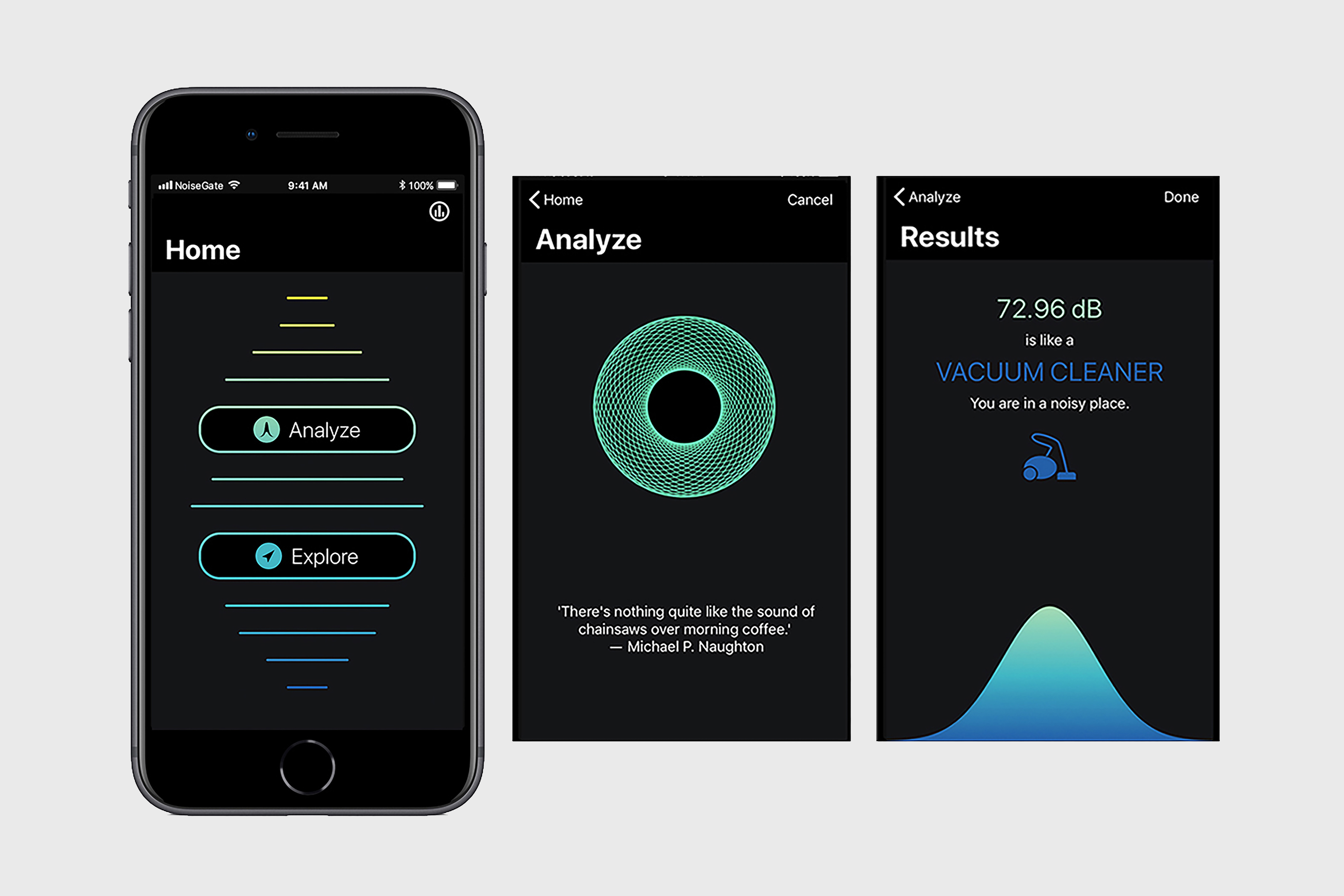NoiseGate app interface for measuring environmental noise
